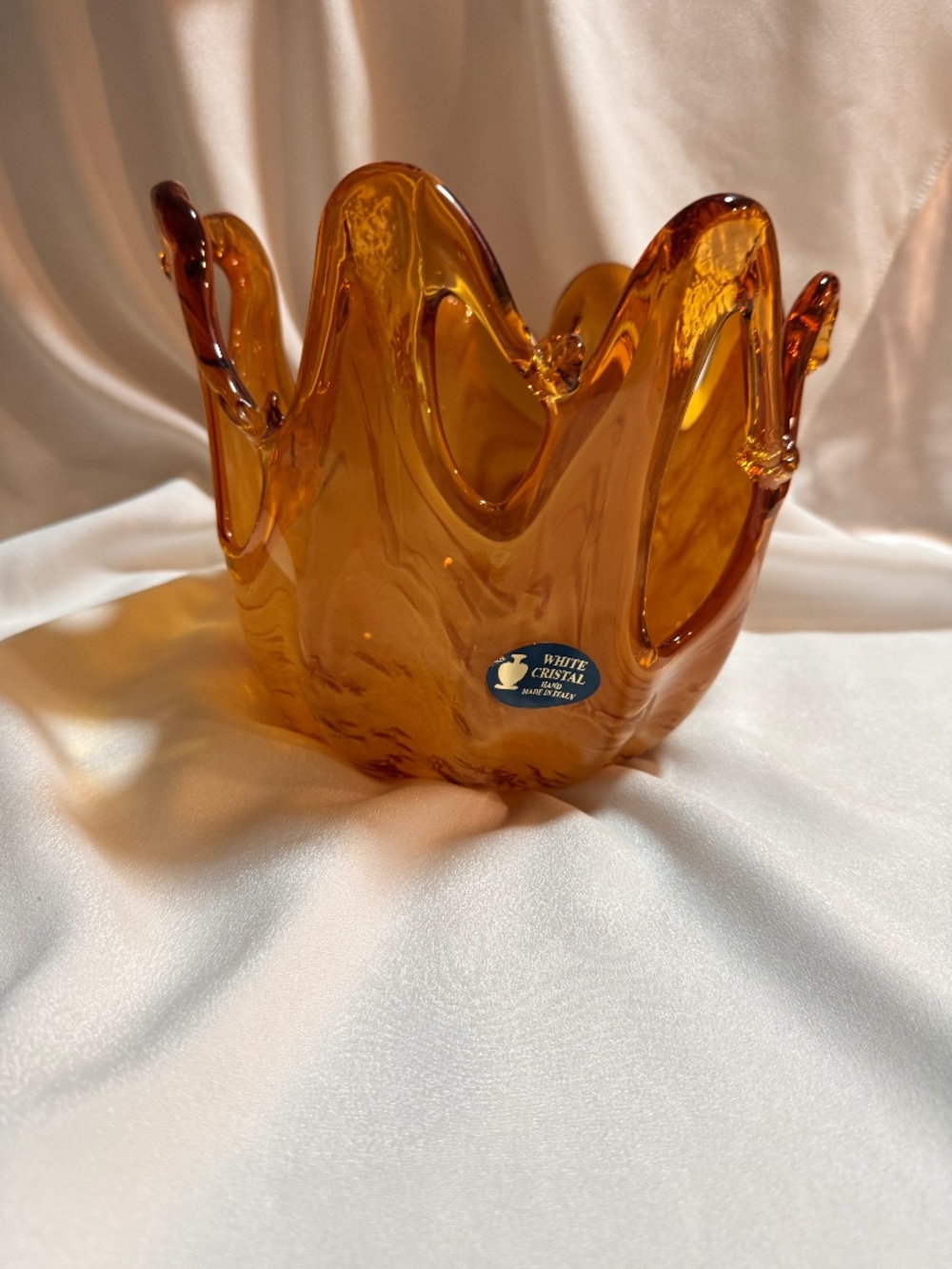 White Cristal Murano Style Amber Art Glass Vase Hand Made Italy 7.5"
